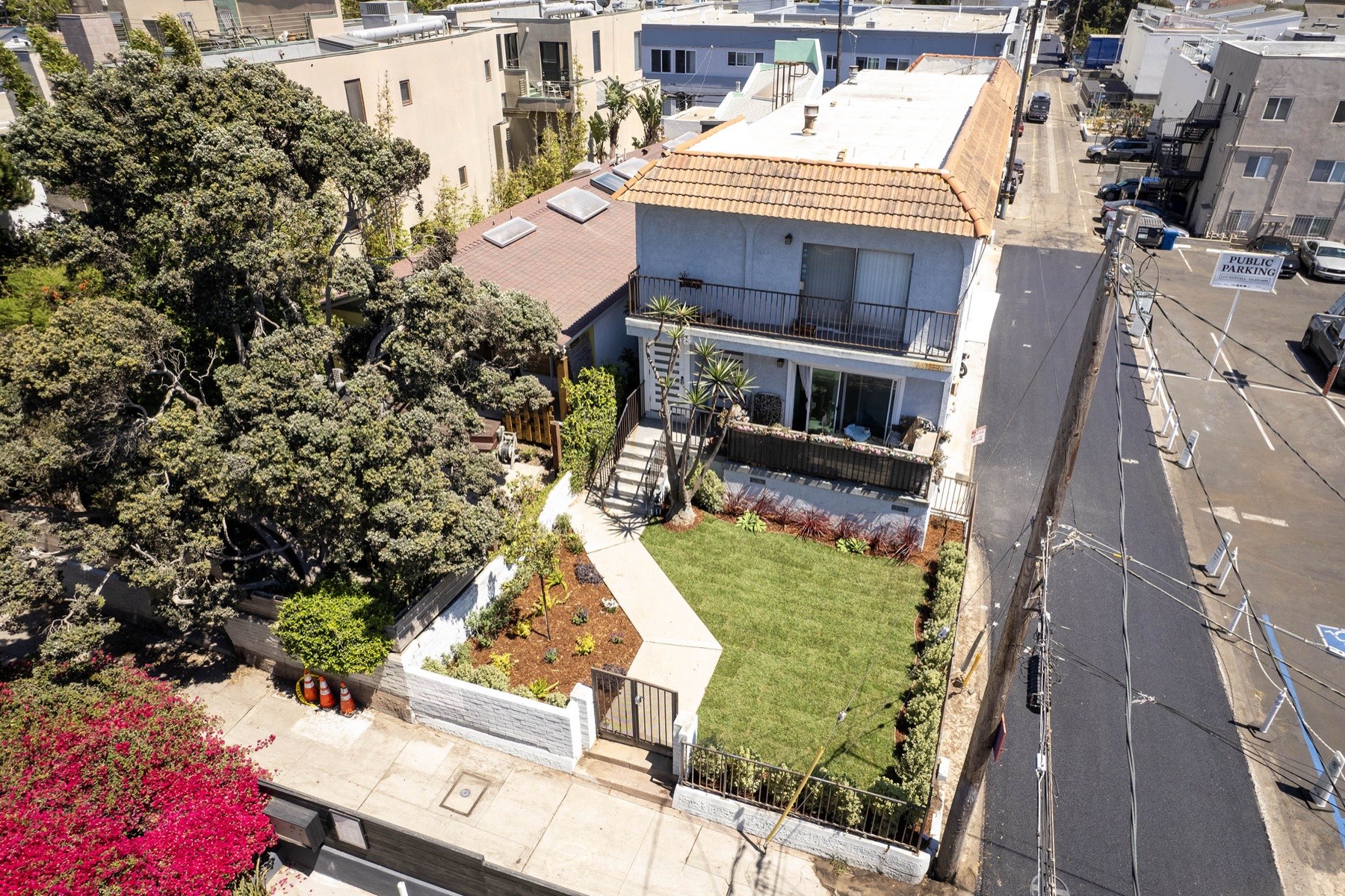 Aerial view of the garden and building