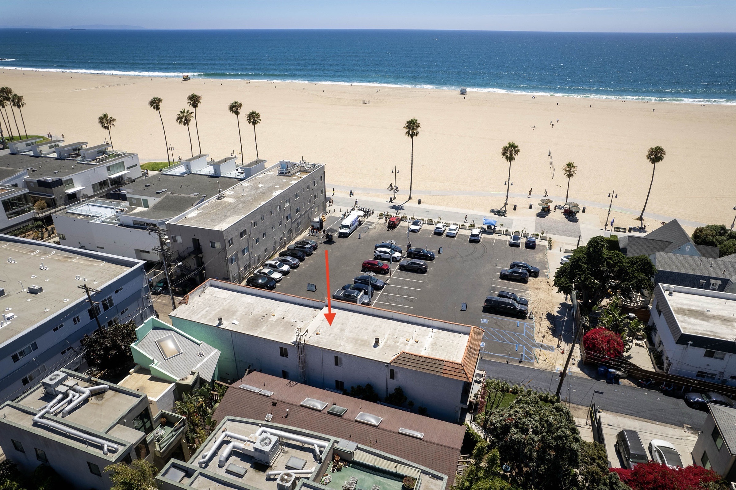 Aerial view of 18 Sunset Ave, an ocean-view apartment building steps from Venice Beach